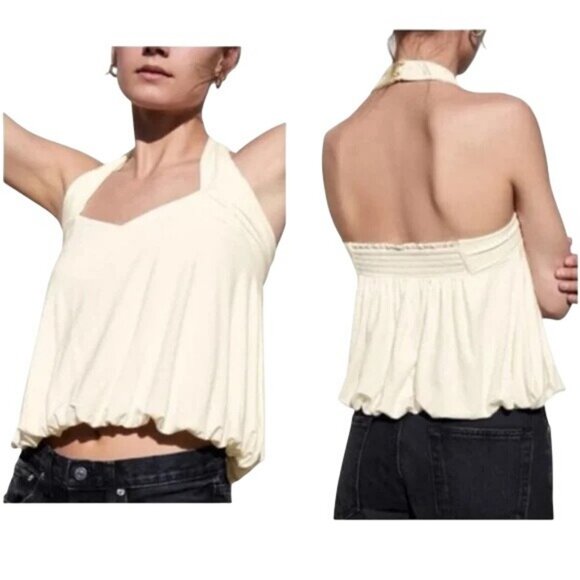 Free People Cece Milk Blossom Top Ivory Halter Top Bubble Hem Womens L NWT - Picture 1 of 13